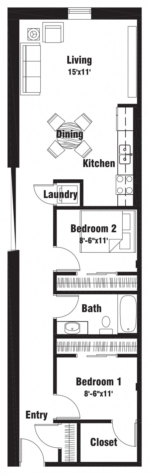Floor plan for 2 beds, 1 bath, 875 sqft